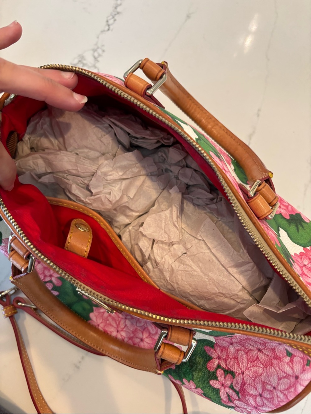 Dooney & Bourke Pink Floral Satchel with Tan Trim CT - Picture 7 of 10